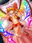  bad_id bad_pixiv_id blonde_hair flandre_scarlet hat lying mob_cap navel on_back open_clothes open_mouth red_hair solo touhou uemura_shun wings 