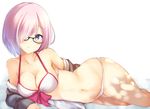  adapted_costume alternate_costume ashino bare_shoulders bikini black-framed_eyewear blush bow bow_bikini breasts cleavage collarbone dappled_sunlight eyebrows eyebrows_visible_through_hair fate/grand_order fate_(series) glasses grey_shirt hair_over_one_eye lying mash_kyrielight medium_breasts multicolored multicolored_eyes navel off_shoulder on_side open_clothes open_shirt parted_lips pink_bow pink_hair purple_eyes semi-rimless_eyewear shirt short_hair simple_background solo stomach sunlight swimsuit swimsuit_of_perpetual_summer under-rim_eyewear white_background white_bikini yellow_eyes 