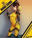  alternate_costume alternate_hairstyle b.va_(overwatch) bodysuit brown_hair character_name d.va_(overwatch) finger_gun grief gun hair_bun handgun highres kneeling lens_flare looking_at_viewer overwatch solo weapon yellow_bodysuit 