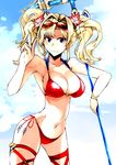  ass_visible_through_thighs bikini blonde_hair blue_eyes bracelet breasts cleavage cloud collarbone cosaten day eyewear_on_head flower glasses granblue_fantasy hair_flower hair_intakes hair_ornament jewelry large_breasts long_hair looking_at_viewer navel o-ring o-ring_bikini red_bikini side-tie_bikini sky smile solo staff sunglasses swimsuit twintails v zeta_(granblue_fantasy) 