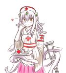  apple armband blush bwsnowy crutch cup food fruit hand_on_own_face hat heart highres looking_at_viewer mind_flayer_(monster_girl_encyclopedia) monster_girl monster_girl_encyclopedia nurse nurse_cap orange_eyes red_cross simple_background skirt smile solo source_request spoon tentacle_hair tentacles tray white_background white_hair wide_sleeves 