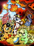  2016 ball_(object) black_hair blonde_hair blue_eyes cloak clothing cutie_mark day equine fan_character feathered_wings feathers fur gray--day green_eyes green_fur group hair hooves horn leaf male mammal my_little_pony open_mouth outside pegasus sky smile standing tan_fur teeth tree unicorn wings young 