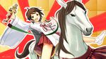  2014 bad_id bad_pixiv_id bangs bell brown_eyes brown_hair commentary_request dated gohei hakama highres horse japanese_clothes jingle_bell kagura_suzu looking_at_viewer lynchis macedonian_flag mane miko no_panties open_mouth original outstretched_arms red_hakama ribbon riding saddle short_hair sketch spread_arms spread_legs sunburst tabi wand wide_sleeves 