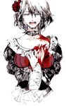  beatrice beatrice_(cosplay) blood choker closed_eyes cosplay crying dress flower hair_flower hair_ornament hand_on_own_chest hug_(yourhug) monochrome open_mouth shannon spot_color tears umineko_no_naku_koro_ni upper_body wide_sleeves 