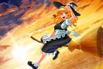  :d bad_id bad_pixiv_id blonde_hair bow braid broom broom_riding flying hat hat_bow kirisame_marisa mary_janes open_mouth shoes side_braid smile solo sunset touhou uemura_shun white_bow witch_hat yellow_eyes 