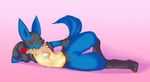  2016 absurd_res ambiguous_gender anthro arm_support black_fur blue_fur canine creambake fangs featureless_crotch flower front_view full-length_portrait fur gradient_background hand_on_head hand_on_thigh hi_res looking_at_viewer lucario lying mammal multicolored_fur neck_tuft nintendo on_side one_eye_closed pink_background plant pok&eacute;mon portrait pose red_eyes rose seductive simple_background smile solo spikes tuft video_games wink yellow_fur 