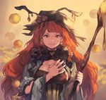  braid breasts brown_eyes choker earrings fur hand_on_own_chest hat highres honey jewelry large_breasts lee_hyeseung long_hair looking_at_viewer original red_hair sky smile solo staff tree twin_braids upper_body 