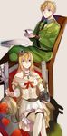  1girl axis_powers_hetalia blonde_hair blue_eyes crossover crown cup dress green_eyes highres kantai_collection masakenme military military_uniform scepter sitting teacup uniform united_kingdom_(hetalia) warspite_(kantai_collection) 