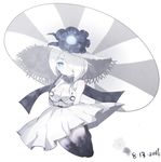 2016 :&lt; bare_shoulders black_gloves black_legwear blue_eyes breasts cer_(cerber) cleavage closed_mouth dated flower gloves hair_over_one_eye hat hat_flower holding holding_umbrella kantai_collection large_breasts long_hair seaport_summer_hime shinkaisei-kan simple_background solo sun_hat thighhighs umbrella white_background white_hair white_hat white_skin zettai_ryouiki 