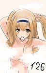  adjusting_hair amagami_(makise_tsubaki) bangs breasts brown_eyes character_name collarbone hair_between_eyes hair_tie hairband highres i-26_(kantai_collection) kantai_collection large_breasts light_brown_hair long_hair looking_at_viewer mouth_hold navel nude one-piece_tan solo steam tan tanline two-tone_hairband two_side_up tying_hair 