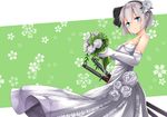  bad_id bad_pixiv_id bangs bare_shoulders black_hairband blue_eyes blush bouquet breasts bridal_veil bride cherry_blossoms closed_mouth dress elbow_gloves elusya eyebrows eyebrows_visible_through_hair flower formal fringe_trim from_below from_side gloves green_flower green_rose grey_hair hair_between_eyes hair_flower hair_ornament hair_ribbon hairband highres katana konpaku_youmu looking_at_viewer looking_down multiple_swords ribbon rose scabbard sheath short_hair silver_hair small_breasts smile solo strapless strapless_dress sword touhou veil weapon wedding_dress white_dress white_flower white_gloves white_rose 