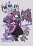  1girl banette bangs blunt_bangs chandelure creatures_(company) crossover dress eyebrows_visible_through_hair full_body game_freak gen_1_pokemon gen_3_pokemon gen_4_pokemon gen_5_pokemon gengar grey_background grin hairband haunter long_hair low-tied_long_hair mismagius miyata_(lhr) nintendo pokemon pokemon_(creature) purple_dress purple_hair queen_tia red_eyes rockman ryuusei_no_rockman simple_background smile solo standing 