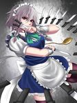  apron blue_dress bow braid breasts collared_shirt cowboy_shot danmaku dress eyebrows eyebrows_visible_through_hair frilled_apron frilled_dress frills gradient gradient_background grey_background grey_hair hair_between_eyes hair_bow highres holding holding_knife izayoi_sakuya knife knives_between_fingers leg_up maid maid_apron maid_headdress medium_breasts pocket_watch puffy_short_sleeves puffy_sleeves reverse_grip ribbon serious shiny shiny_skin shirt short_dress short_hair short_sleeves sleeveless sleeveless_dress solarsadist solo thighhighs thighs touhou twin_braids watch white_shirt zettai_ryouiki 