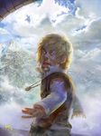  a_song_of_ice_and_fire artist_name back beard bird blonde_hair cloud day dwarf facial_hair green_eyes injury jewelry male_focus mountain necklace open_mouth ring sky solo teeth teiiku_(artist) tyrion_lannister upper_body 