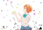  blood bow bowtie collared_shirt cupping_hands droplet feathers from_side green_eyes hoshizora_rin large_hands love_live! love_live!_school_idol_project open_mouth orange_hair pleated_skirt scratches shirt short_hair short_sleeves skirt solo suito torn_clothes torn_sleeves triangle white_shirt 