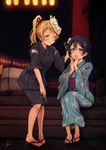  ayase_eli bangs blonde_hair blue_eyes blue_hair bottle_to_cheek commentary_request covering_mouth detached_sleeves festival fox_mask grin hair_between_eyes hair_ribbon highres japanese_clothes kimono kimono_skirt lantern long_hair love_live! love_live!_school_idol_project mask mask_on_head multiple_girls night no_socks obi one_eye_closed open_mouth paper_lantern ponytail ramune red_ribbon ribbon sandals sash signature sitting smile sonoda_umi stairs striped striped_kimono suito swept_bangs torii wide_sleeves yellow_eyes 