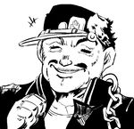  bamman chain clenched_hand closed_eyes cosplay facial_hair greyscale hat jojo_no_kimyou_na_bouken kuujou_joutarou kuujou_joutarou_(cosplay) male_focus monochrome mustache senator_wilson_phillips smile solo 
