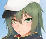  blush close-up closed_mouth eyebrows eyebrows_visible_through_hair face gold_trim green_eyes green_hair hat heterochromia kantai_collection kiso_(kantai_collection) long_hair looking_at_viewer nikonikosiro no_eyepatch portrait sailor_hat scar simple_background smile solo yellow_eyes 