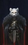  5_fingers anthro armor black_lips black_nose canine clothed clothing fur gloves looking_at_viewer mammal melee_weapon red_eyes shinigamigirl standing sword weapon white_fur wolf 