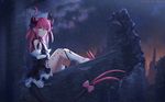  blue_eyes detached_sleeves dragon_horns elizabeth_bathory_(fate) elizabeth_bathory_(fate)_(all) fate/extra fate/extra_ccc fate_(series) horns long_hair night night_sky pointy_ears purple_hair rimuu ruins sitting sky solo star_(sky) starry_sky tail 