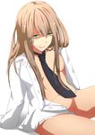  breasts brown_hair green_eyes highres long_hair md5_mismatch naked_shirt navel necktie open_clothes open_shirt original shirt simple_background sitting sleeves_past_wrists small_breasts smile solo sonri white_background 