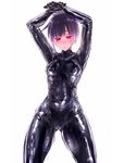  arms_up bangs black_bodysuit blunt_bangs bodysuit breasts cameltoe cowboy_shot glowing glowing_eyes latex legs_apart medium_breasts original pink_eyes purple_hair shiny shiny_skin short_hair simple_background skin_tight solo standing uni96_(uknee96) white_background 