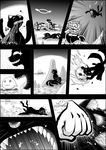  animal blood cat clenched_hand comic emphasis_lines greyscale halo highres kaenbyou_rin kaenbyou_rin_(cat) monochrome monster multiple_tails niiko_(gonnzou) no_humans o_o open_mouth punching rating sharp_teeth skull tail teeth touhou 