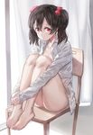  bare_legs barefoot black_hair bow chair feet_on_chair hair_bow highres indoors knees_to_chest looking_at_viewer love_live! love_live!_school_idol_project naked_shirt panties pink_panties red_eyes shirt sitting sleeves_past_wrists solo twintails underwear yazawa_nico yohan1754 