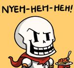  armor chibi cocked_eyebrow english food fork gloves grin gyate_gyate laughing lowres male_focus papyrus_(undertale) pasta plate scarf simple_background skeleton smile solo spaghetti undertale upper_body yaruky yellow_background 