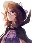  black_cape black_hat bow brown_eyes brown_hair cape closed_mouth collared_shirt fedora glasses hat hat_bow hat_ornament kaede_(mmkeyy) long_sleeves low_twintails purple_vest quimbaya_airplane red-framed_eyewear semi-rimless_eyewear serious shirt simple_background solo touhou twintails under-rim_eyewear upper_body usami_sumireko vest white_background white_bow white_shirt wing_collar 