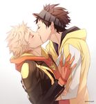  blonde_hair brown_hair closed_eyes fingerless_gloves french_kiss gloves gradient gradient_background hood hoodie jacket jewelry kiss male_focus male_protagonist_(pokemon_go) mmmaoh multiple_boys necklace open_clothes open_jacket orange_gloves pokemon pokemon_go spark_(pokemon) twitter_username upper_body visor_cap yaoi 
