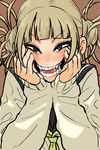  :d bangs blonde_hair blunt_bangs blush boku_no_hero_academia brown_background cardigan cheek_squash close-up double_bun eyebrows eyebrows_visible_through_hair fangs grey_eyes hands_on_own_cheeks hands_on_own_face long_sleeves looking_at_viewer messy_hair nagayama_(zappazappa) open_mouth saliva school_uniform serafuku short_hair simple_background sleeves_past_wrists smile solo teeth toga_himiko upper_body white_eyes 