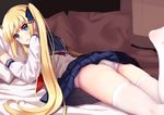  absurdres allenes ass bed bed_sheet blonde_hair blue_eyes blue_ribbon blush day from_behind hair_ribbon highres legs_together legs_up long_hair long_sleeves looking_back lying neckerchief on_bed open_mouth original panties pantyshot pantyshot_(lying) pillow pleated_skirt ribbon school_uniform serafuku shirt skirt solo sunlight surprised thighs twintails underwear upskirt very_long_hair white_legwear white_panties white_shirt 
