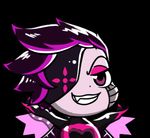  :3 :d android black_background brown_eyes chibi eyelashes fang gyate_gyate hair_over_one_eye looking_at_viewer lowered_eyelids lowres male_focus mettaton mettaton_neo open_mouth parted_lips purple_hair robot smile solo spoilers undertale upper_body yaruky 