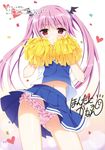  :&lt; absurdres ass_visible_through_thighs bangs blush cheerleader closed_mouth contrapposto cowboy_shot floral_flowlove frilled_panties frills hair_ornament hair_scrunchie heart highres long_hair looking_at_viewer moribe_(rabumanyo) navel panties pantyshot pantyshot_(standing) pink_panties pleated_skirt pom_poms purple_hair red_eyes saisu_riku scrunchie serious shirt_lift skirt skirt_lift solo standing twintails underwear v-shaped_eyebrows very_long_hair wind wind_lift 