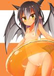  blush breasts clam_shell_(ole_tower) dosu_(doseven) dragon_girl dragon_horns dragon_tail dragon_wings highres horns innertube nipples nude ole_tower pointy_ears pussy small_breasts smile solo standing tail tan tanline wings yellow_eyes 