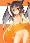  blush breasts clam_shell_(ole_tower) dosu_(doseven) dragon_girl dragon_horns dragon_tail dragon_wings highres horns innertube nipples nude ole_tower pointy_ears pussy small_breasts smile solo standing tail wings yellow_eyes 