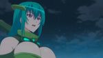  1girl aldea_(masou_gakuen_hxh) animated animated_gif bouncing_breasts breasts bursting_breasts cleavage green_hair large_breasts long_hair masou_gakuen_hxh night open_mouth purple_eyes solo standing 