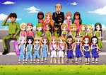  1boy 1girl bald bbmbbf black_hair blonde_hair blue_eyes brown_eyes brown_hair child cloud dress green_eyes hairband lots_of_characters man original_character outdoors pink_eyes red_hair sandals sky smile socks uniform white_hair 