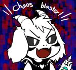  :d asriel_dreemurr black_sclera chibi english facial_mark fangs gyate_gyate heart_pendant horns jewelry lowres male_focus monster monster_boy necklace open_mouth smile solo spoilers undertale upper_body v-shaped_eyebrows weapon white_hair yaruky 