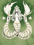  artist_name breasts closed_eyes genzoman green groin holding_own_tail large_breasts long_hair mermaid monochrome monster_girl multiple_tails navel outline smile solo star starbucks starbucks_siren tail two_tails 