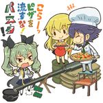  anchovy anzio_school_uniform apron bangs black_hair blonde_hair blouse braid brown_eyes cape carpaccio cheese chef_hat chef_uniform chibi closed_eyes commentary drill_hair drum_(container) extended_barrel eyebrows eyebrows_visible_through_hair food food_on_face fork girls_und_panzer goggles goggles_on_headwear green_hair hair_ribbon hat helmet highres holding_pizza long_hair multiple_girls nagashi_soumen necktie otoufu pantyhose pasta pepperoni_(girls_und_panzer) pizza plate pleated_skirt ribbon sack short_hair skirt stool tapping_foot thighhighs toque_blanche translation_request twin_drills 