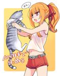  alternate_hairstyle amatsuka_mao animal bare_shoulders belt blush cat chestnut_mouth cowboy_shot fang gj-bu hair_flaps hair_ribbon high_ponytail holding holding_cat looking_at_another midriff motion_lines navel number open_mouth orange_hair red_eyes red_ribbon red_shorts ribbon shirt shorts sleeveless sleeveless_shirt speech_bubble sweat translated trembling white_shirt yamai yellow_background 