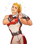  2016_summer_olympics alternate_costume artist_name belt blonde_hair boissb champion_zarya commentary fingerless_gloves gloves grin heart heart_hands lipstick makeup muscle muscular_female olympics overwatch ponytail simple_background smile solo white_background zarya_(overwatch) 