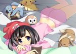  ass bad_id bad_pixiv_id bangs beanie bed_sheet black_hair blue_eyes book eevee gen_1_pokemon gen_7_pokemon hat holding holding_book komala lying mizuki_(pokemon) murano on_bed on_stomach pajamas pikachu pillow pink_pajamas pokemon pokemon_(creature) pokemon_(game) pokemon_sm reading red_hat rowlet short_hair sleeping swept_bangs 