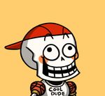  backwards_hat chibi gyate_gyate hat lowres male_focus papyrus_(undertale) simple_background skeleton solo spoilers undertale upper_body yaruky yellow_background 