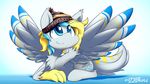  blonde_hair blue_eyes blue_hair claws cutie_mark dshou equine fan_character feathered_wings feathers feral fur grey_feathers grey_fur hair hat hooves lying mammal my_little_pony pegasus simple_background smile solo wings 