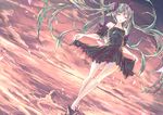  acute_(vocaloid) black_dress closed_eyes cloud dress dutch_angle floating_hair green_hair hatsune_miku long_hair ocean project_diva_(series) project_diva_f skirt_hold solo sun_(sunsun28) sunset twintails very_long_hair vocaloid 