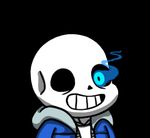  black_background chibi glowing glowing_eye gyate_gyate hood hoodie jacket looking_at_viewer lowres male_focus sans simple_background single_eye skeleton smile solo spoilers undertale upper_body yaruky 