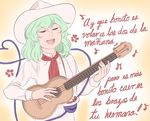  alternate_costume ascot beamed_eighth_notes bow closed_eyes collared_shirt commentary eighth_note green_hair guitar hat hat_bow heart heart_of_string instrument komeiji_koishi long_sleeves mefomefo music musical_note open_mouth playing_instrument round_teeth shirt short_hair singing solo spanish string teeth third_eye touhou translated upper_body 